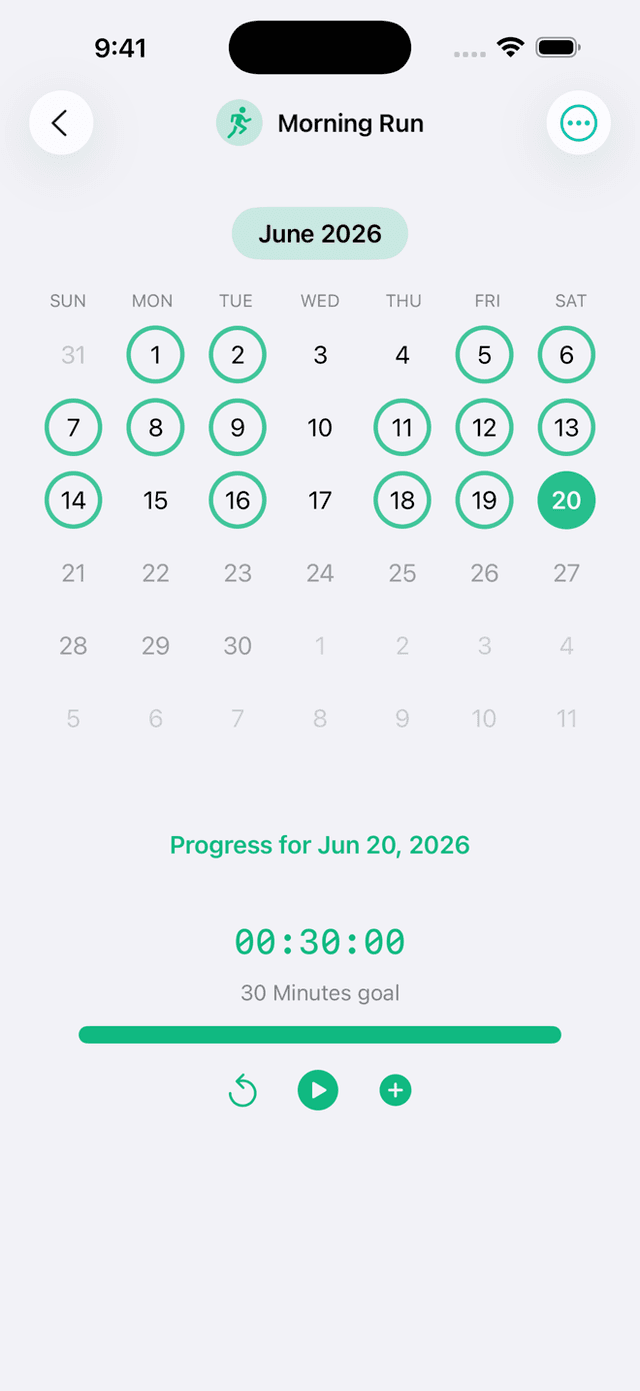 Morning Run habit timer showing 00:30:00 completed with full progress bar