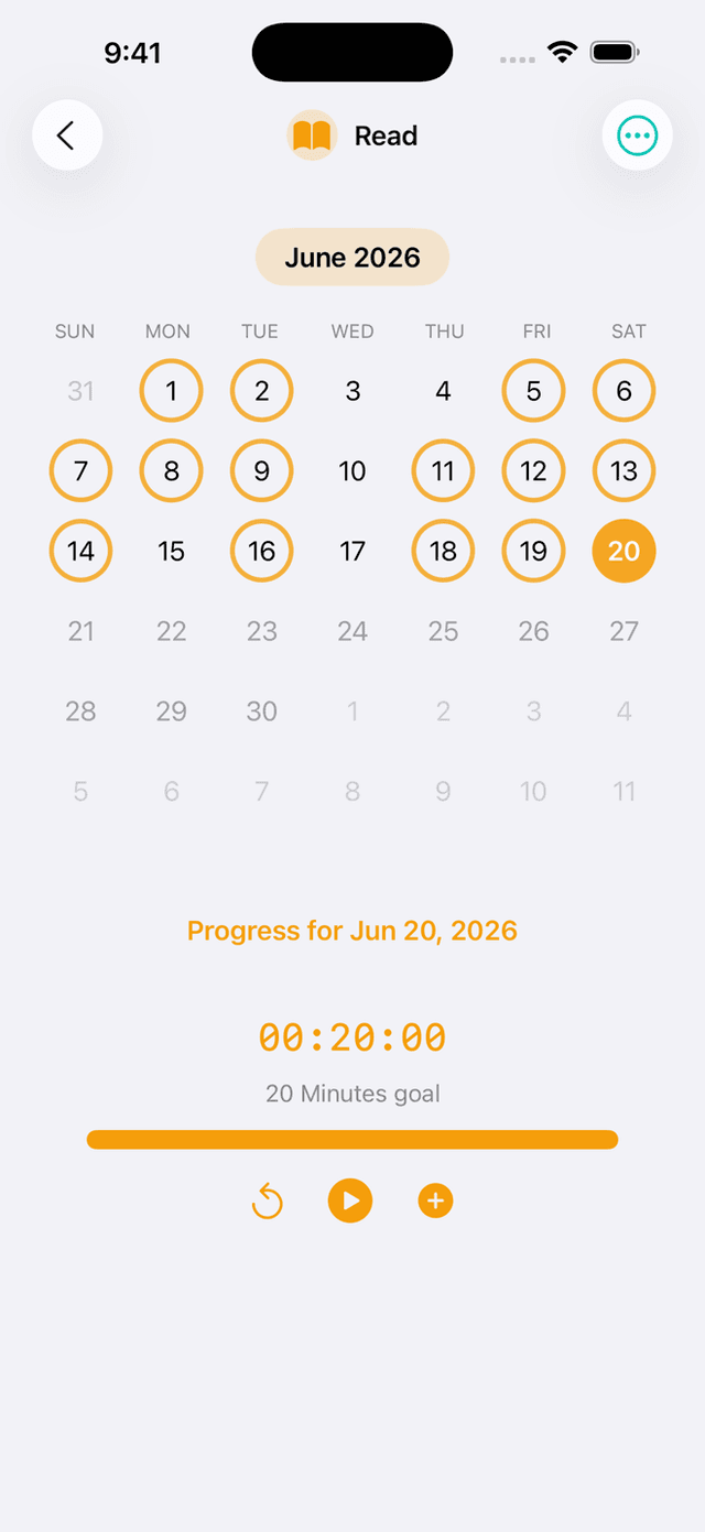 Read habit timer showing 00:20:00 goal with reset, play, and plus controls