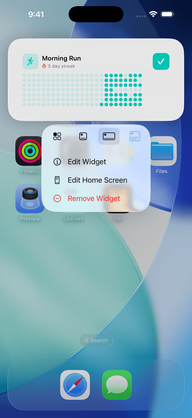 Long-press context menu on Pilli widget showing Edit Widget, Edit Home Screen, and Remove Widget options