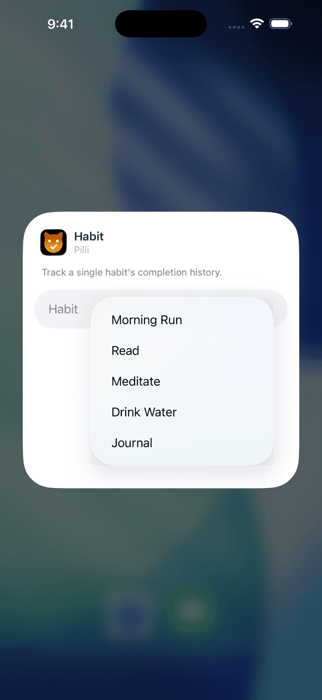 Widget configuration showing habit list: Morning Run, Read, Meditate, Drink Water, Journal