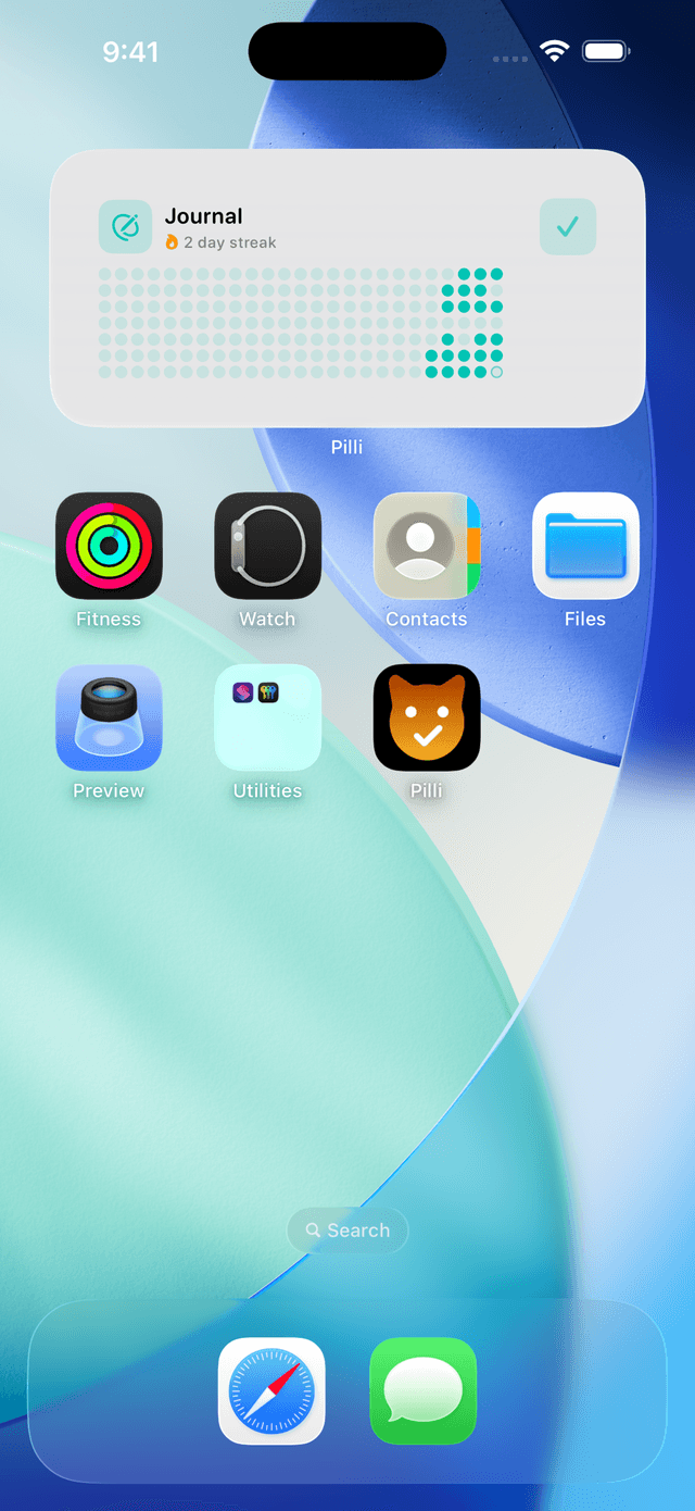 Pilli medium widget updated to show Journal habit with 2 day streak