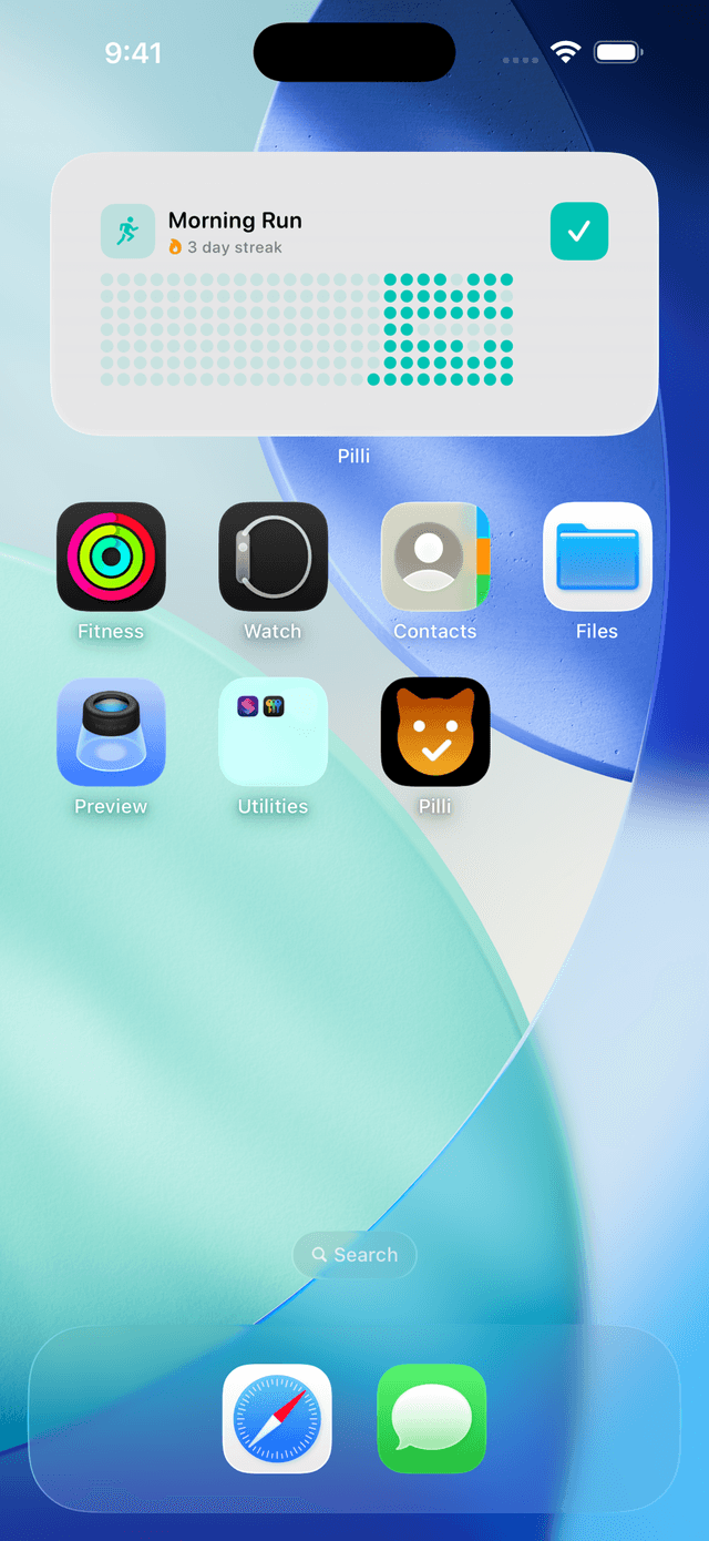Pilli medium widget on home screen showing Morning Run with 3 day streak and completion button