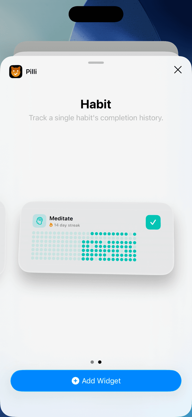 Widget picker showing Pilli medium widget — Meditate with 91-day heat map and complete button