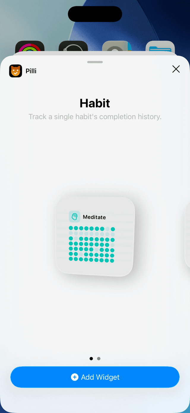 Widget picker showing Pilli small widget — Meditate habit with 49-day heat map